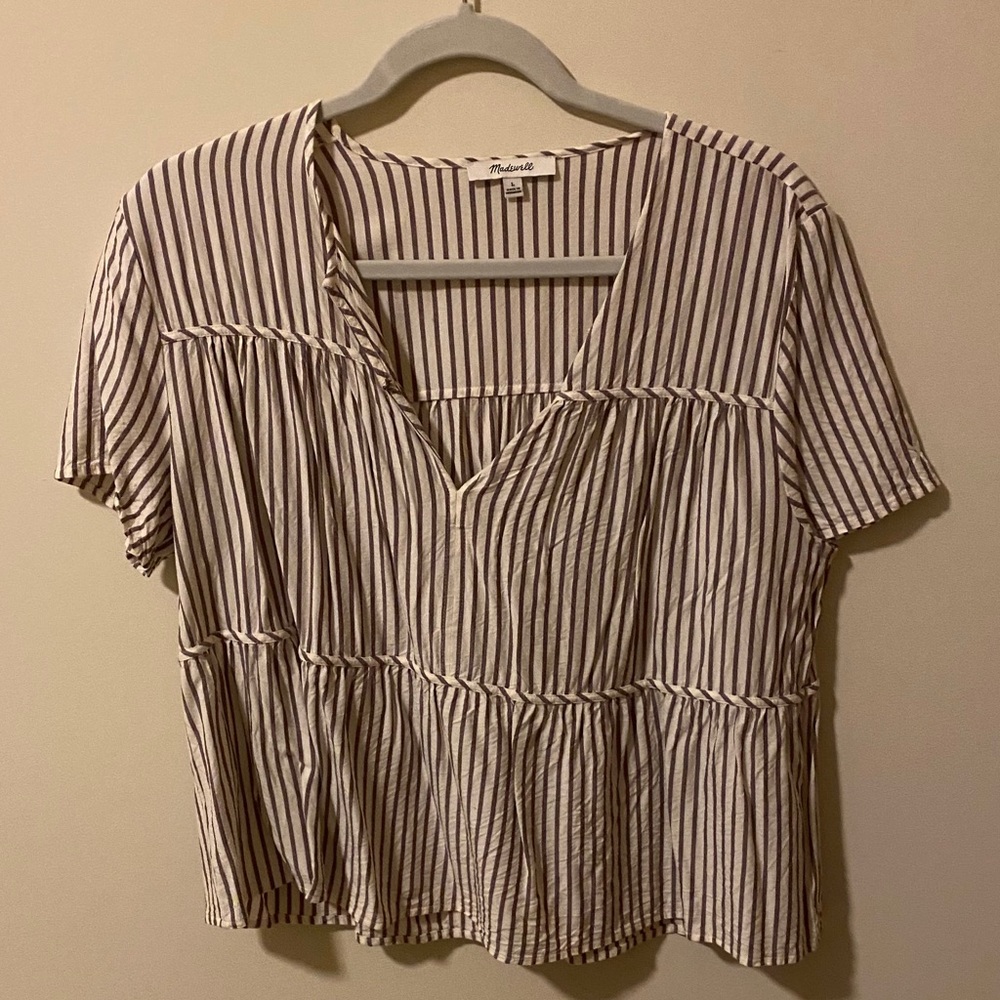 Madewell purple and white striped tiered blouse